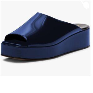 Maiyang Navy Peep Toe Slip on Flatform Mules Low Heel Backless Slide Sandals